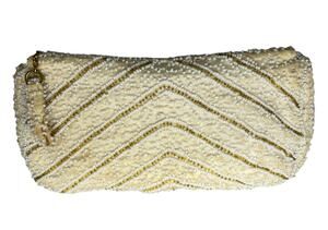 Vintage Ivory Beaded Clutch Purse Evening Bag Chevron Gold Accents
